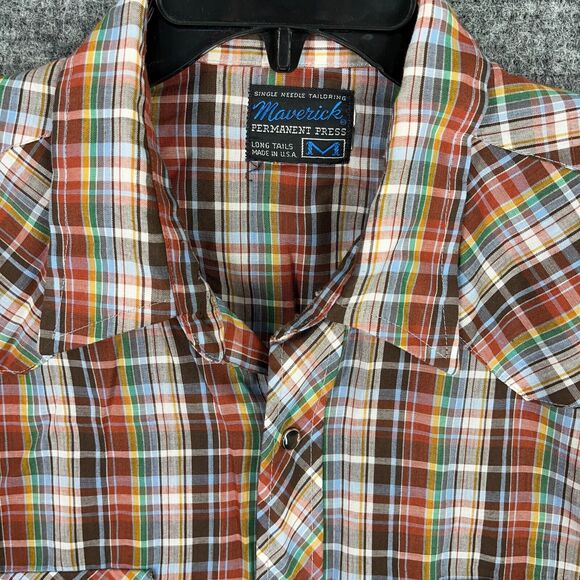 Maverick Shirt Mens M‎ Brown Plaid Long Tails Vintage USA 70s Western Cowboy - Picture 3 of 6